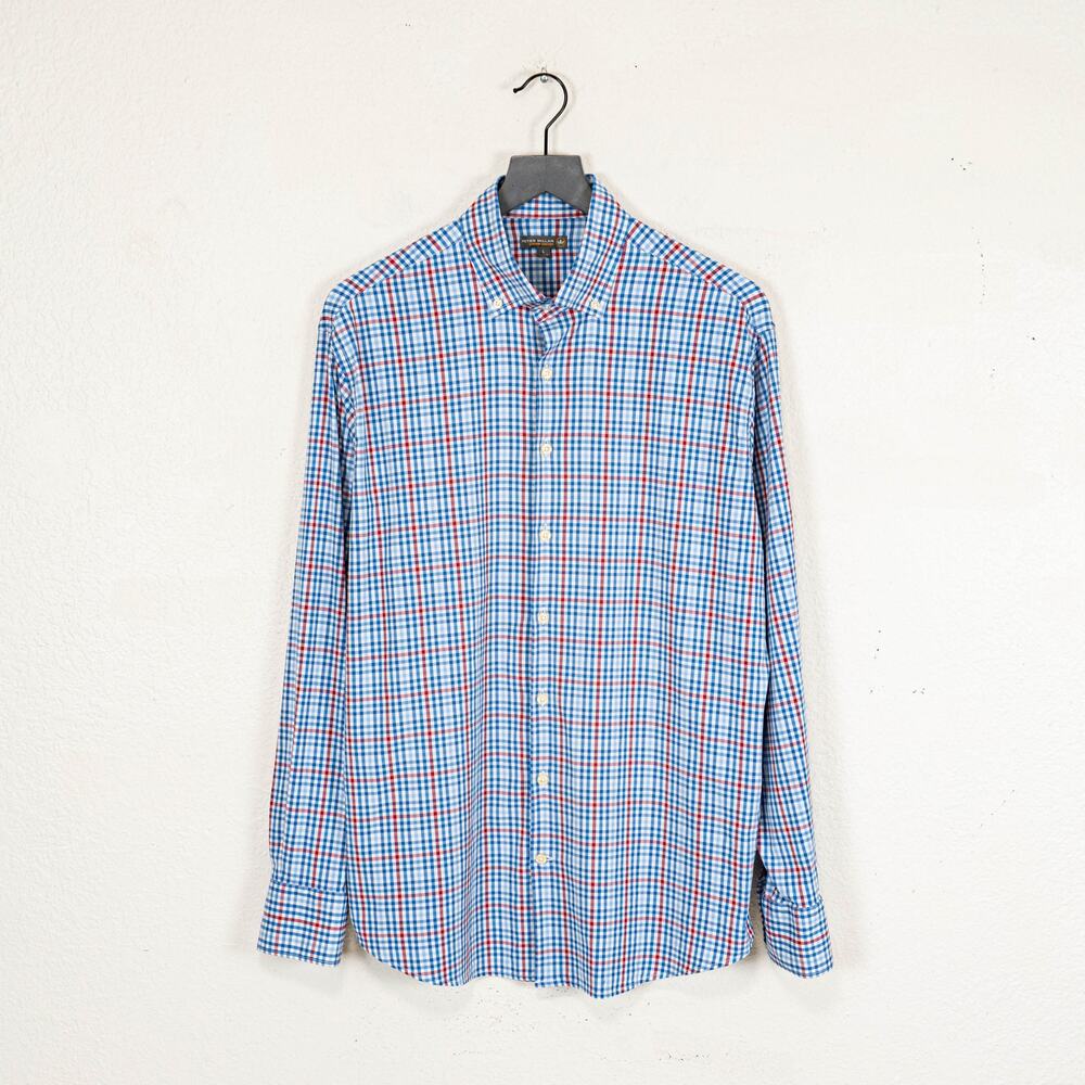 Peter Millar Summer Comfort LS Button Down Shirt Blue Red Gingham Large